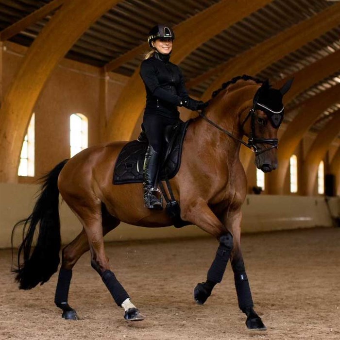 Hest rider med All black glitter udstyr fra Equestrian Stockholm